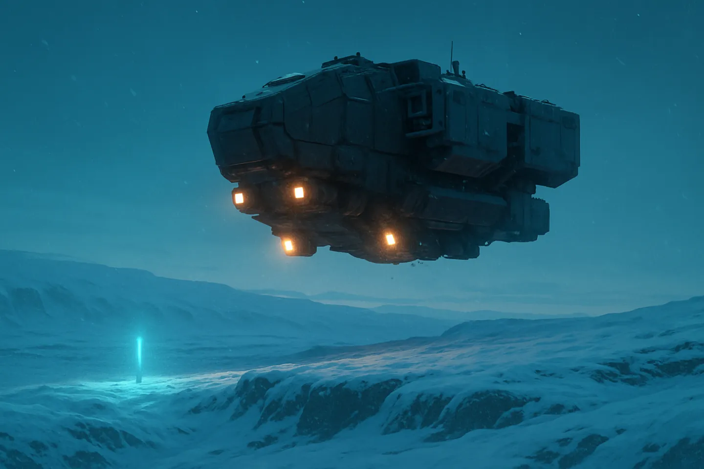 A dropship hovering above a frozen ridge at dawn