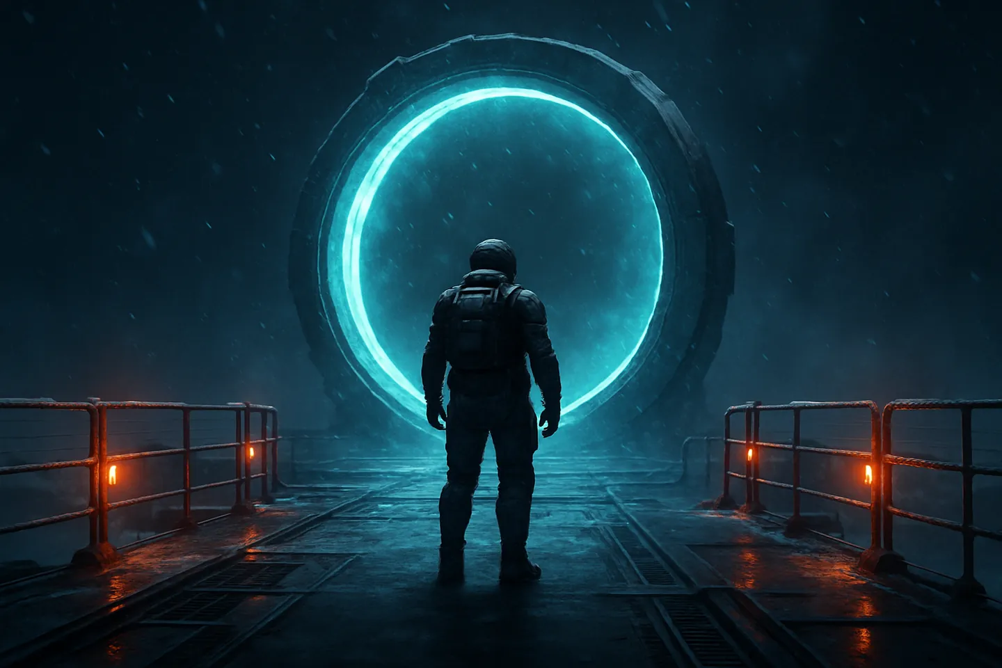 An explorer in an exosuit facing a glowing portal on a frozen platform