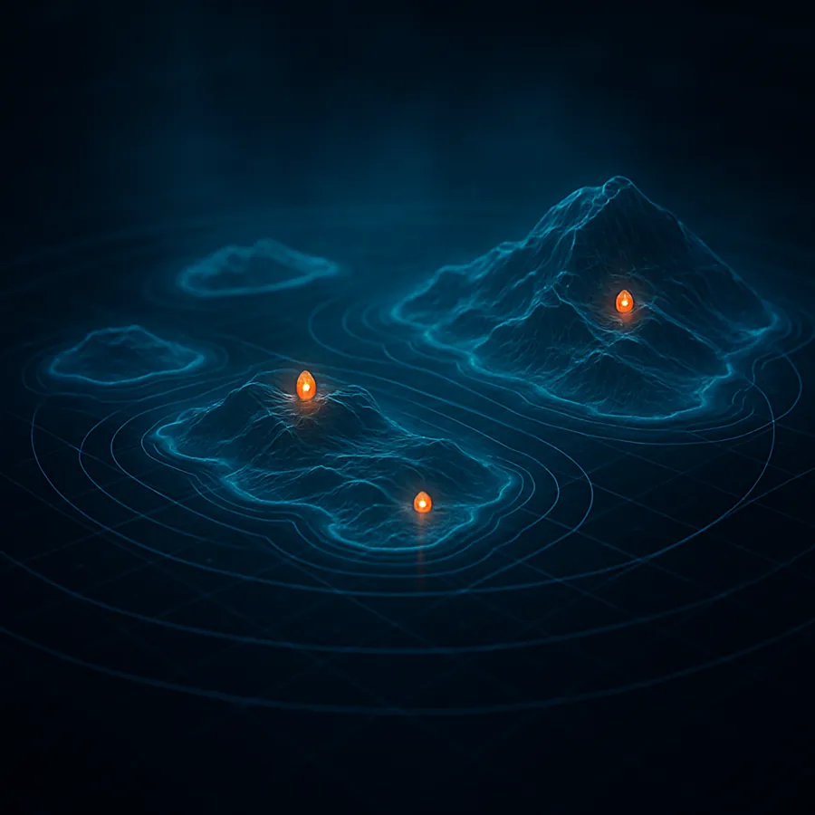 A holographic tactical projection of drifting wireframe islands